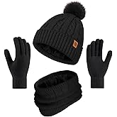 Cyihual Womens Winter Hat Gloves Scarf Set, Touchscreen Gloves, Fleece Lined Knit Beanie & Neck Warmer | 3 in 1 Set