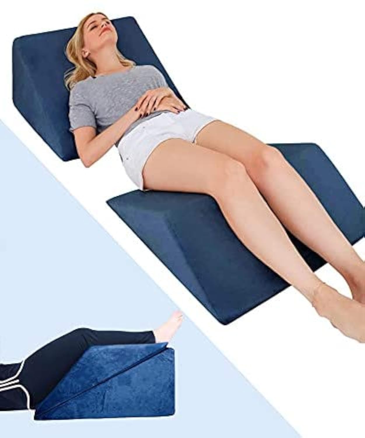 Foam Bed Wedge Pillow Set- Reading Pillow & Back Support Wedge Pillow for Sleeping- 2 Separated Sit Up Pillows for Bed- Angled Bed Pillow, Triangle Pillow for Back and Legs Support Navy