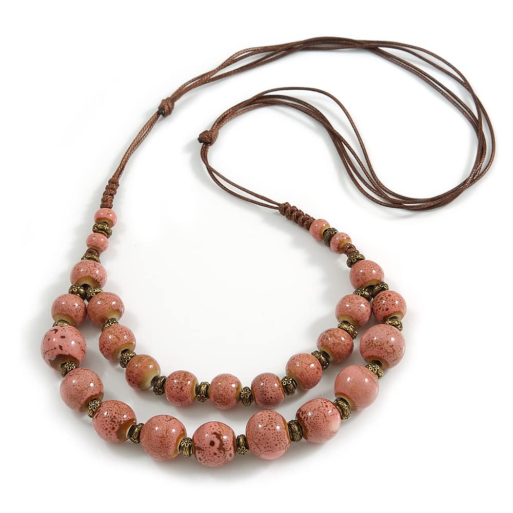 Avalaya Dusty Pink Ceramic Layered Brown Silk Cord Necklace - 60-70cm L/Adjustable
