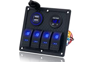 4 Gang Marine Switch Panel, EilxMag Blue Boat Rocker Switch Panel Waterproof Fuse Breaker Protected12V/24V Dual USB Slot Sock