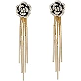 Rhinestone Pendant Black Rose Floral Tassel Earrings