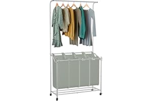 HIDODO Laundry Sorter 4 Sections, Rolling Laundry Sorter Cart with Hanging Bar, Laundry Organizer Hampers for Laundry Room (Greyish Green)
