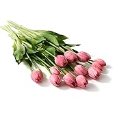 Pmyra 15Pcs Fake Tulips Artificial Flowers Real Touch Latex Bouquet Faux Tulips for Centerpiece Arrangements Wedding Party Home Décor (Deep Pink)