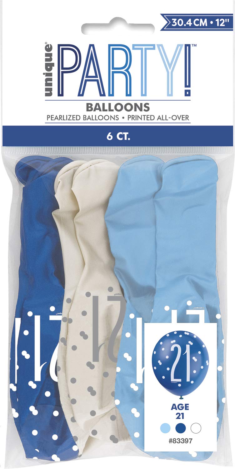 Vibrant 21st Glitz Latex Balloons in Light Blue, Royal Blue, & White (30cm) - Perfect for Parties, Celebrations & Events - 6ct