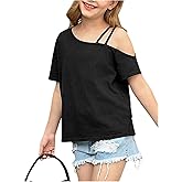 OYOANGLE Girl's Asymmetrical Neck Short Sleeve Tshirts Summer Trendy One Shoulder Tops