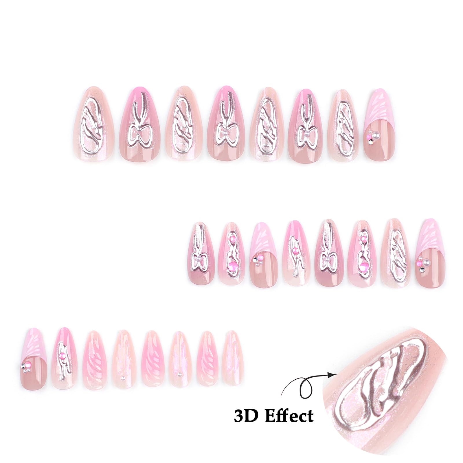 LPOODDNU Handmade Press on Almond Shape Fake Nails - 3D Pink Glue on Nails with Bow-knot Charm Pearl Designs - Glossy Pink False Nails - Cute Stick on Nails - Medium Length for Women, 24Pcs - Image 2