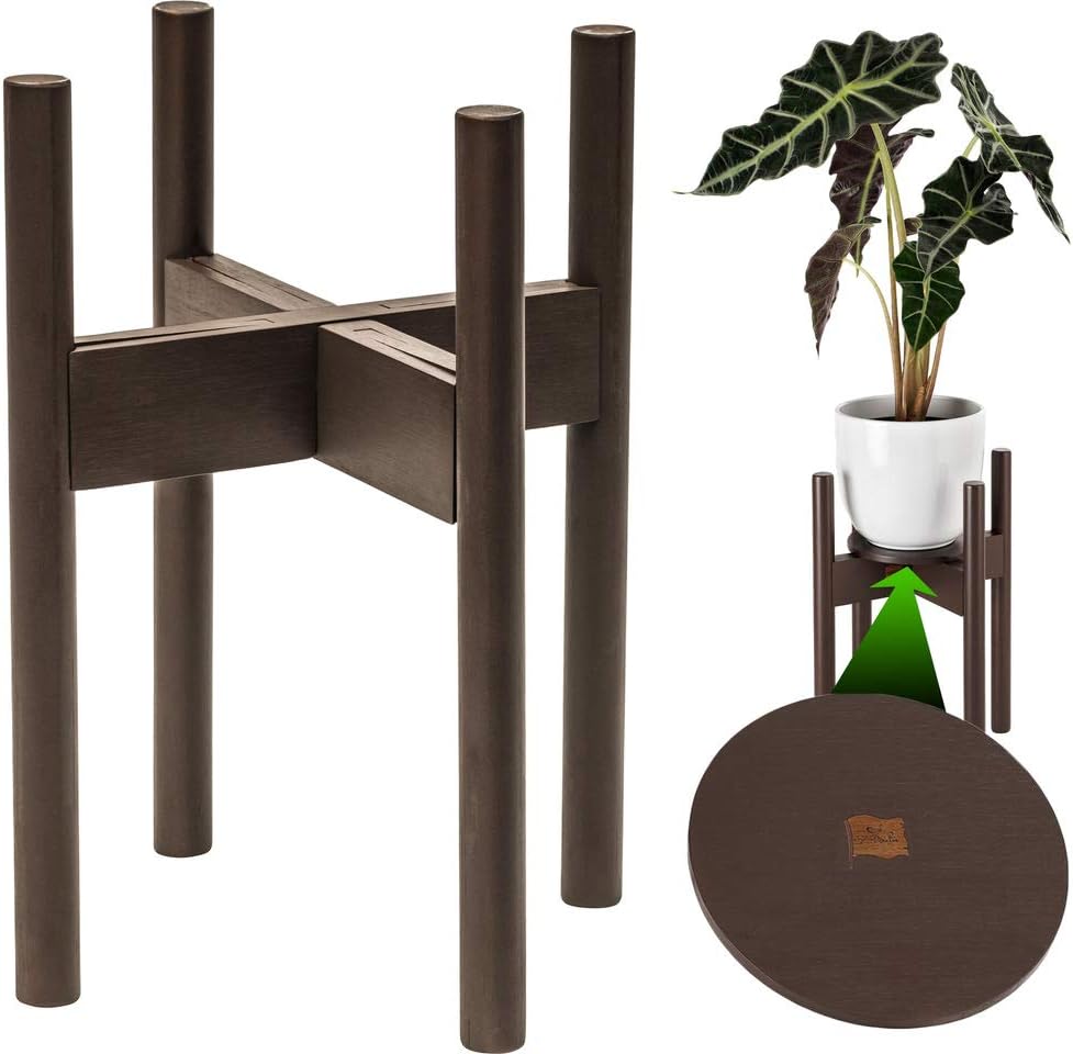 ZPirates Plant Stand for Indoor Plants - Planter Tray Included - Adjustable Size Fits 8 9 10 11 12 Inches Plant Pots - Mid Century Modern Plant Decor - Brown-Bronze Bamboo Wood : Garden & Outdoor