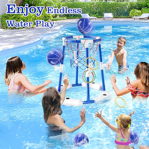 Pool Basketball Hoop,2-in-1 Floating Basketball Pool Games with 4 Balls/12 Rings/Pump,Swimmming Pool Toys for Kids Adults Age 3-12,Summer Family Party Indoor Outdoor Water Play Toys,Blue