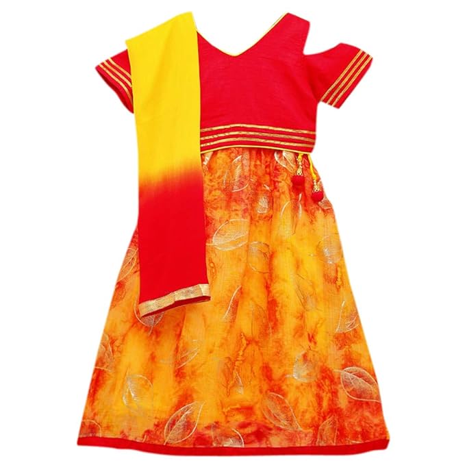 Kid1 By Hopscotch Girls Banglori Silk Cold Shoulder Princess Lehenga Choli Set in Multi Color