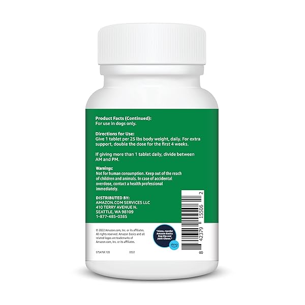 AMAZON BASICS DOG HIP & JOINT DAILY CHEWABLE TABLETS, WITH GLUCOSAMINE, MSM, AND CHONDROITIN, DUCK FLAVORED, 120 COUNT (PREVIOUSLY SOLIMO)