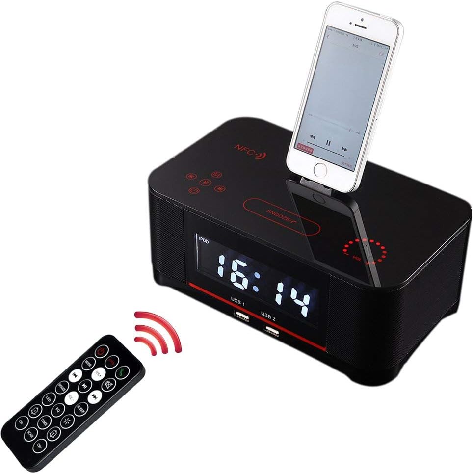 PowMax Digital Dual Alarm FM Clock with Radio Bluetooth 4.0 Speaker, Battery Backup, Snooze and Sleep Timer, Large Display, NFC Compatibility, Lightning Dock for iPhone/Ipad/iPod-Black