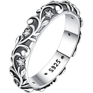 PANPOKI Stackable Patterned Ring 925 Sterling Silver with Cubic Zirconia – Simple CZ Stacking Ring for Women | Dainty Silver