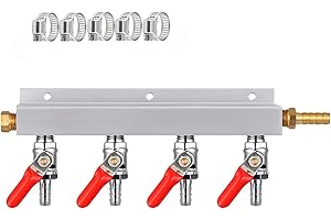 MRbrew Gas Manifold, CO2 Gas Distributor, 5/16'' Barb Fitting Beer Kegerator Splitter, 4-Way Air Distributor with Integrated Check Valves & Hose Clamps