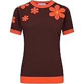 OXKnit Women's Short Sleeve Red Flowers Knitted Vintage T-Shirt, 1960s Mod Style Casual Cotton Knitted Retro T-Shirts