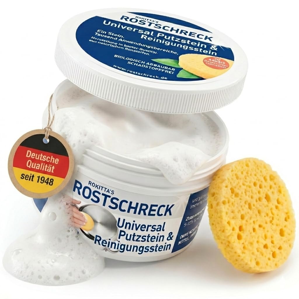 Rokitta’s Rostschreck Putzstein Universalreiniger – Ceranfeldreiniger & Reinigungsstein mit Schwamm – Universalstein Putzpaste für Bad, Backofen & Silgranit – Grüner Putzstein, 300 g