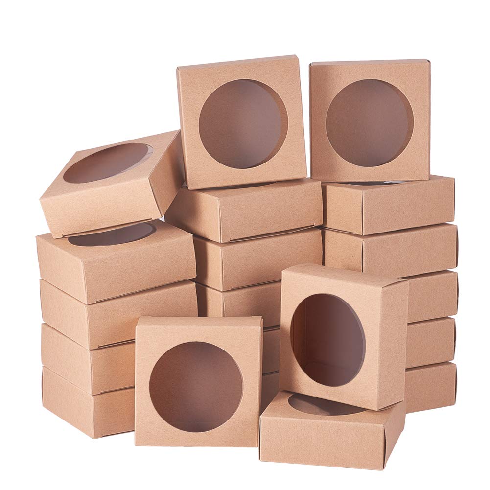 BENECREAT 24 Pack Kraft Paper Boxes with Clear Window 10x10x2.4cm BurlyWood Gift Packaging Boxes for Bakery Cookies Cake Candy Wedding Party Favors