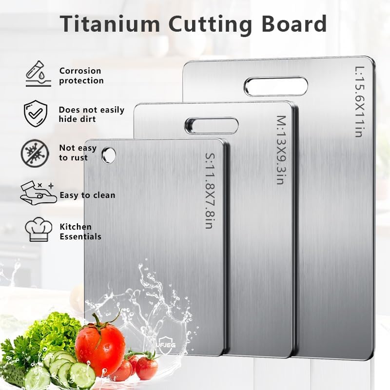 UFJEG Titanium Cutting Board, 3 PCS Titanium Cutting Boards for Kitchen, Non Toxic, Double-Sided Food Grade Chopping Board for Outdoor Camping(15.6" x 11", 13" x 9.3", 11.8" x 7.8")