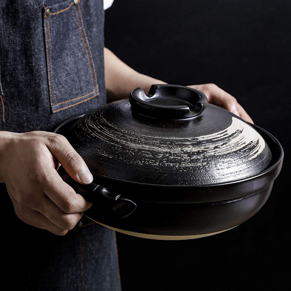 FCSFSF Round Casserole Dish,Heat-resistant Ceramic Casserole With Lid,Stockpot Soup Pot,Oil-free Cooking Pot,Brushstroke Japanese Donabe Hot Pot,Slow Stew Pot B 1.7l