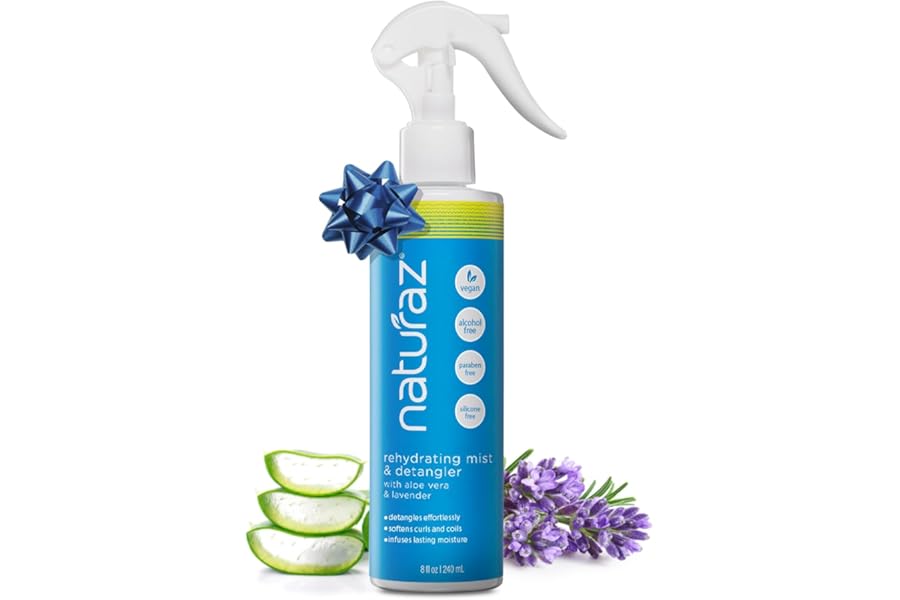 Naturaz Rehydrating Mist & Hair Detangler Spray – Natural Leave In Conditioner Spray with Aloe Vera & Lavender for Dry, Curly, Coily, Matted or Damaged Hair for Women, Men & Kids – Vegan – 8 fl oz