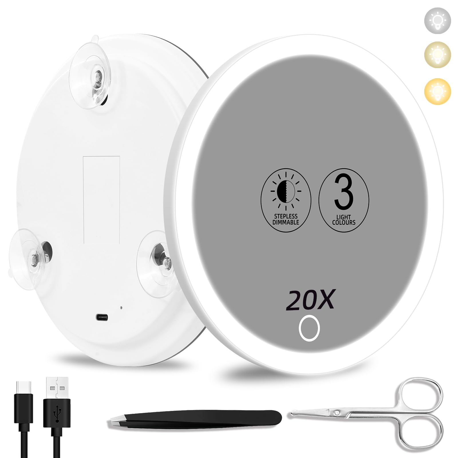 Suupvaor 20x Magnifying Mirror With Light, 3 Colors Dimming Lighted With 3 Suction Cups, Travel Light Up High Magnification Makeup Mirror With Tweezers Scissors