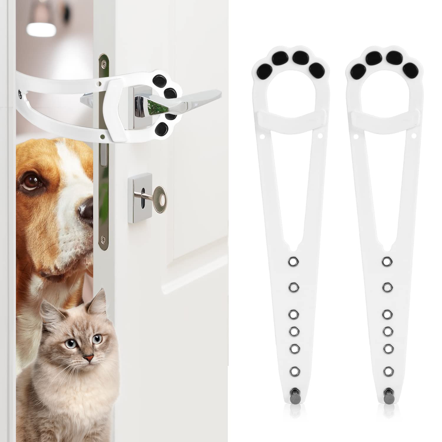2pcs Cat Door Latch Holder, Cute Cat Paw Shaped Cat Door Bracket Latch, Adjustable Door Strap for Pets Alternative Door Locks for Letting Cats In, Keeping Dogs Out (White)