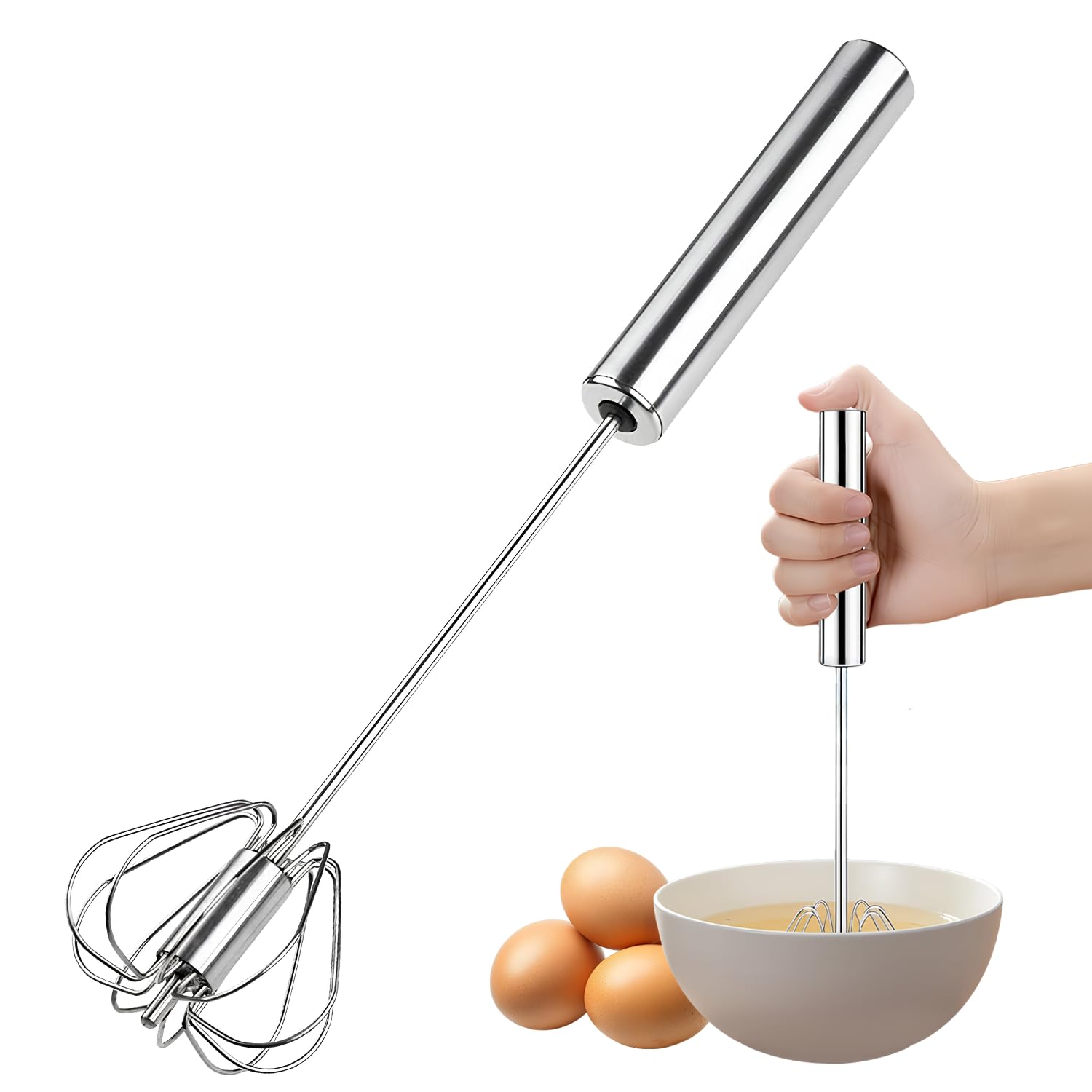 AEX Premium Semi-Automatic Egg Whisk Stainless Steel Push Action Hand Whisk Manual Kitchen Mixer Beater for Cooking, Baking, Cream Whipping, Frothy Coffee, and Blending | Durable Design