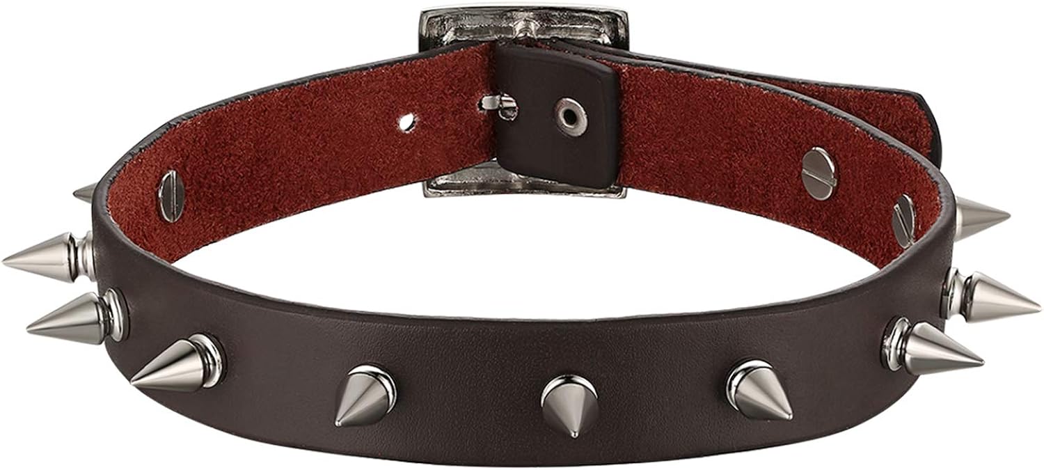 Cupimatch Gothic Rivets Adjustable Leather Necklace Choker Brown Punk Rock Alloy Awl Taper Collar Belt for Women Men