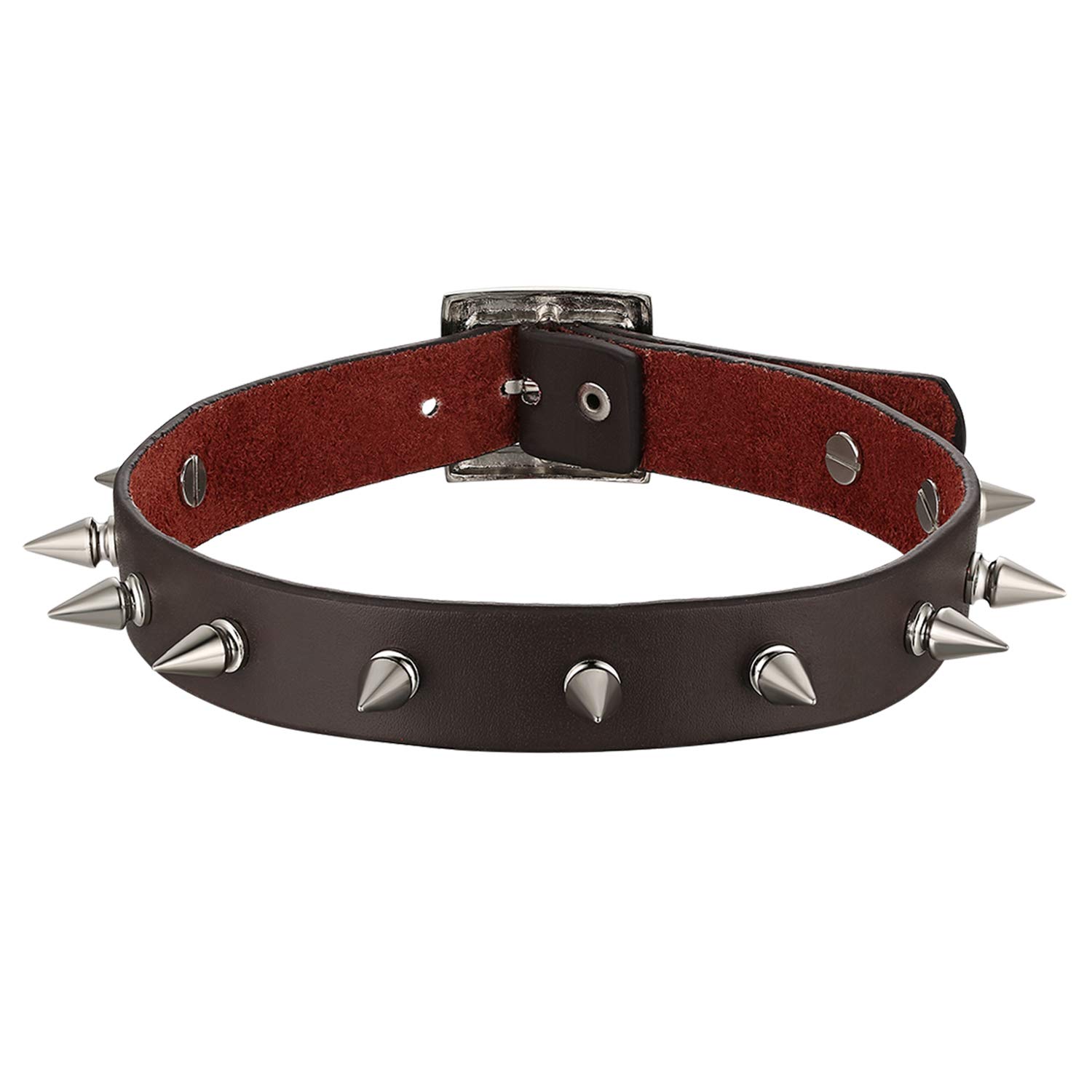 Cupimatch Gothic Rivets Adjustable Leather Necklace Choker Brown Punk Rock Alloy Awl Taper Collar Belt for Women Men (Brown)