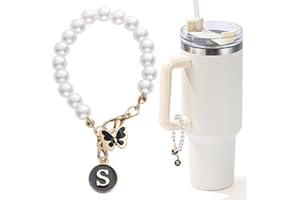 LUHOHI Letter Charm for Stanley Cup，Pearl Chain Accessories Stanley Cup Initial Charms for Handle Stuff Decor Water Bottle Jewelry Tumbler Cute Personalized Name ID Decorations Black Tag (S)