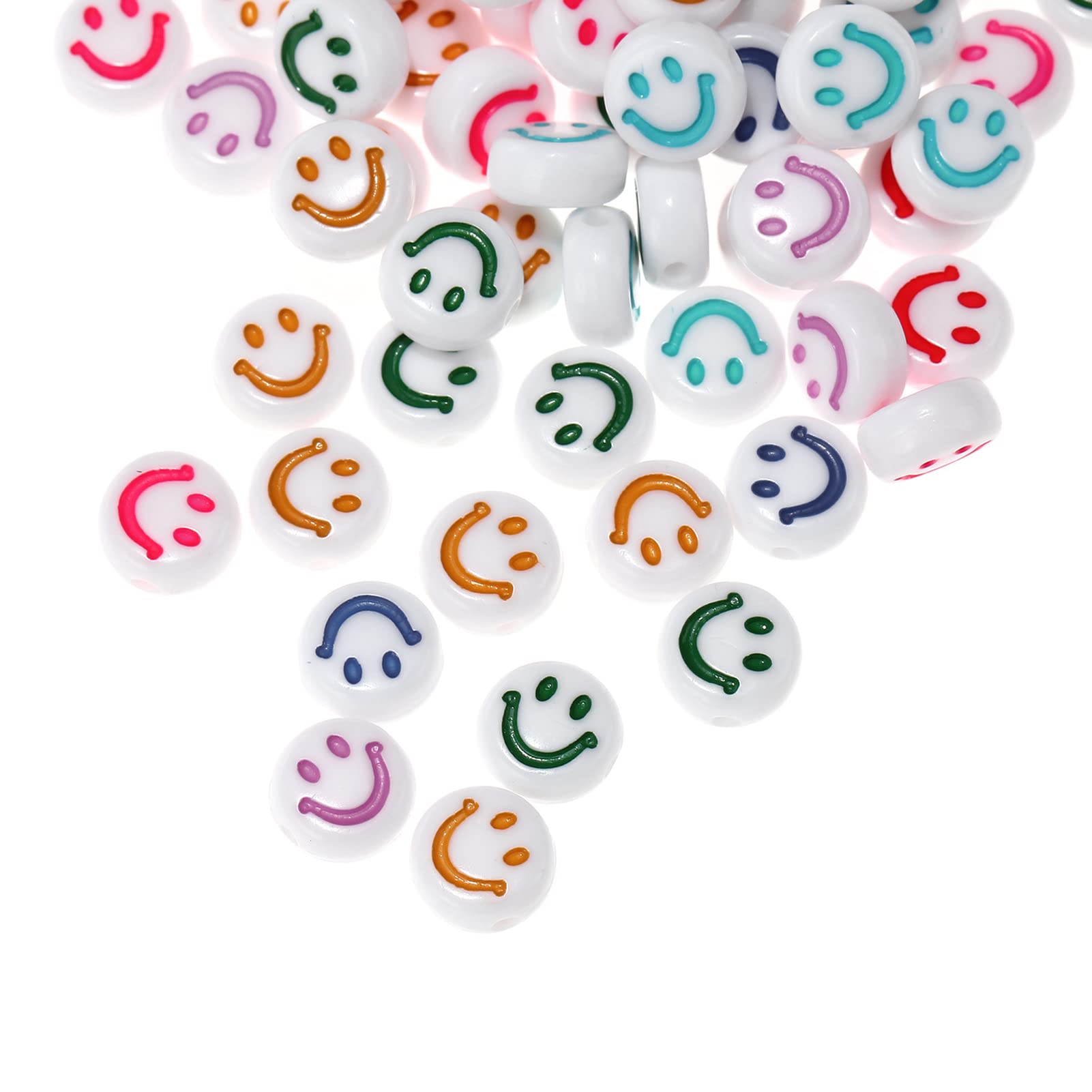200pcs White Acrylic Smile Face Beads 7mm Pony Disc Coin Multicolor Enamel Loose Spacer Beads for DIY Jewelry Bracelet Mobile Phone Pendant Making
