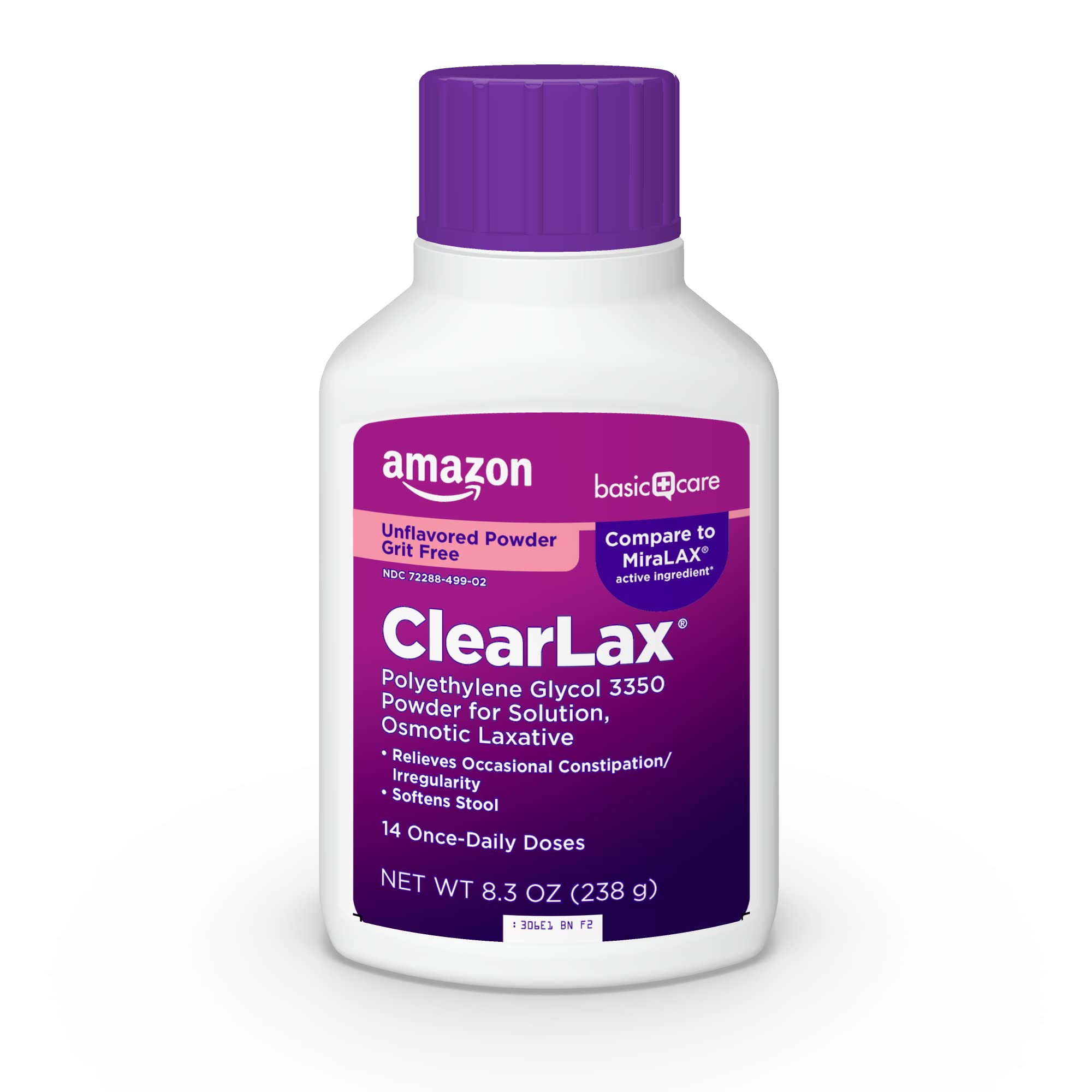 Amazon Basics ClearLax, Polyethylene Glycol 3350 Powder for Solution, Osmotic Laxative, Unflavored, 8.3 Ounce (Pack of 1) (Previously Care)