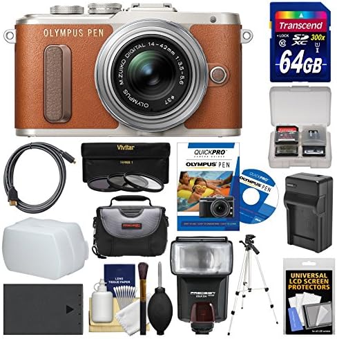 Olympus PEN E-PL8 Wi-Fi Micro 4/3 Digital Camera & 14-42mm II R Lens (Brown) with 64GB Card + Case + Flash + Battery & Charger + Tripod + Filters Kit