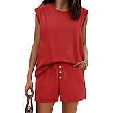Tankaneo Womens 2 Piece Summer Outfits Casual Crewneck Sleeveless Tank Tops and Shorts Lounge Matching Sets