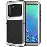 LOVE MEI Military Rugged Case for Samsung Galaxy S21 Fe, with Tempered Glass Screen Protector, Shockproof Dustproof Scratch Proof Hybrid Metal and Silicone Gel Heavy Duty Full Body Cover Silver
