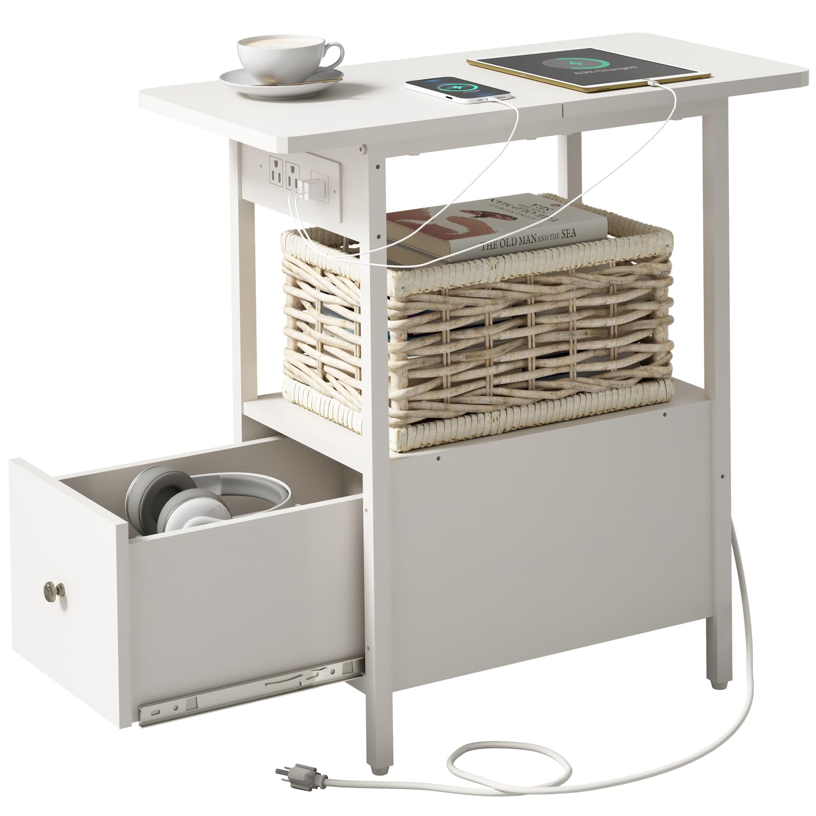 Photo 1 of LIDYUK End Table with Charging Station, Narrow Side Table with Drawer and USB Ports & Power Outlets, Nightstand Bedside Tables for Small Spaces, Bedroom, Living Room, White