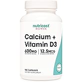 Nutricost Calcium (600mg) + Vitamin D3 (12.5mcg) for Women, 180 Capsules - Vegan, Non-GMO, Gluten Free - 60 Servings