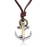 BIYONGDE Vintage Cross Nautical Marine Anchor Pendant Necklace, Adjustable Brown Leather, Men Women, Ethnic