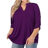 AMCLOS Womens Plus Size Tops V Neck Shirts Casual Blouses 3/4 Roll up Long Sleeve (Purple,3XL)