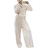 Verdusa Women's 2 Piece Polka Dots Lettuce Trim Pajama Set Bow Long Sleeve T Shirt and Pants Sleepwear