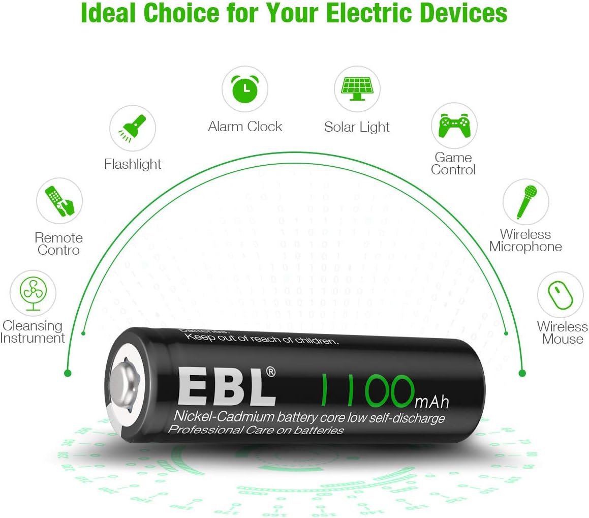 EBL AA Rechargeable Batteries for Solar Lights Replacement, 1100mAh High Capacity Ni-CD Battery (Pack of 20): Home Audio & Theater