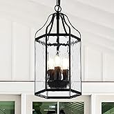 lighceac 8" Modern 3-Light Exterior Black Lantern Pendant Light Fixture with Clear Rippled Glass Mini Industrial Hanging Cage