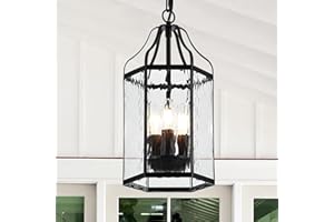 lighceac 8" Modern 3-Light Exterior Black Lantern Pendant Light Fixture with Clear Rippled Glass Mini Industrial Hanging Cage Chandelier for Outdoor Kitchen Dining Room Hallway Entryway Foyer Porch