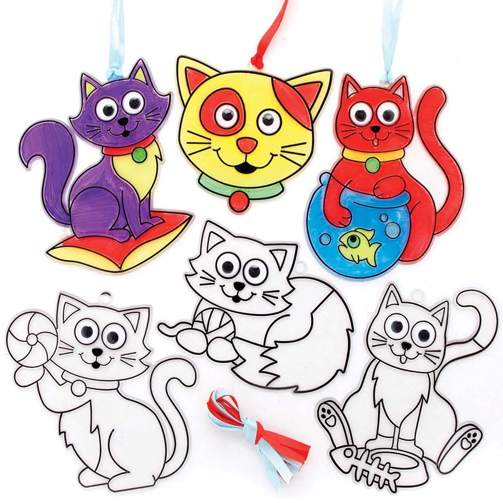 Baker Ross FE581 Cat Suncatcher Craft - Pack of 8, Stained Glass Effect For Kids to Decorate and Display for Arts and Craft Activities