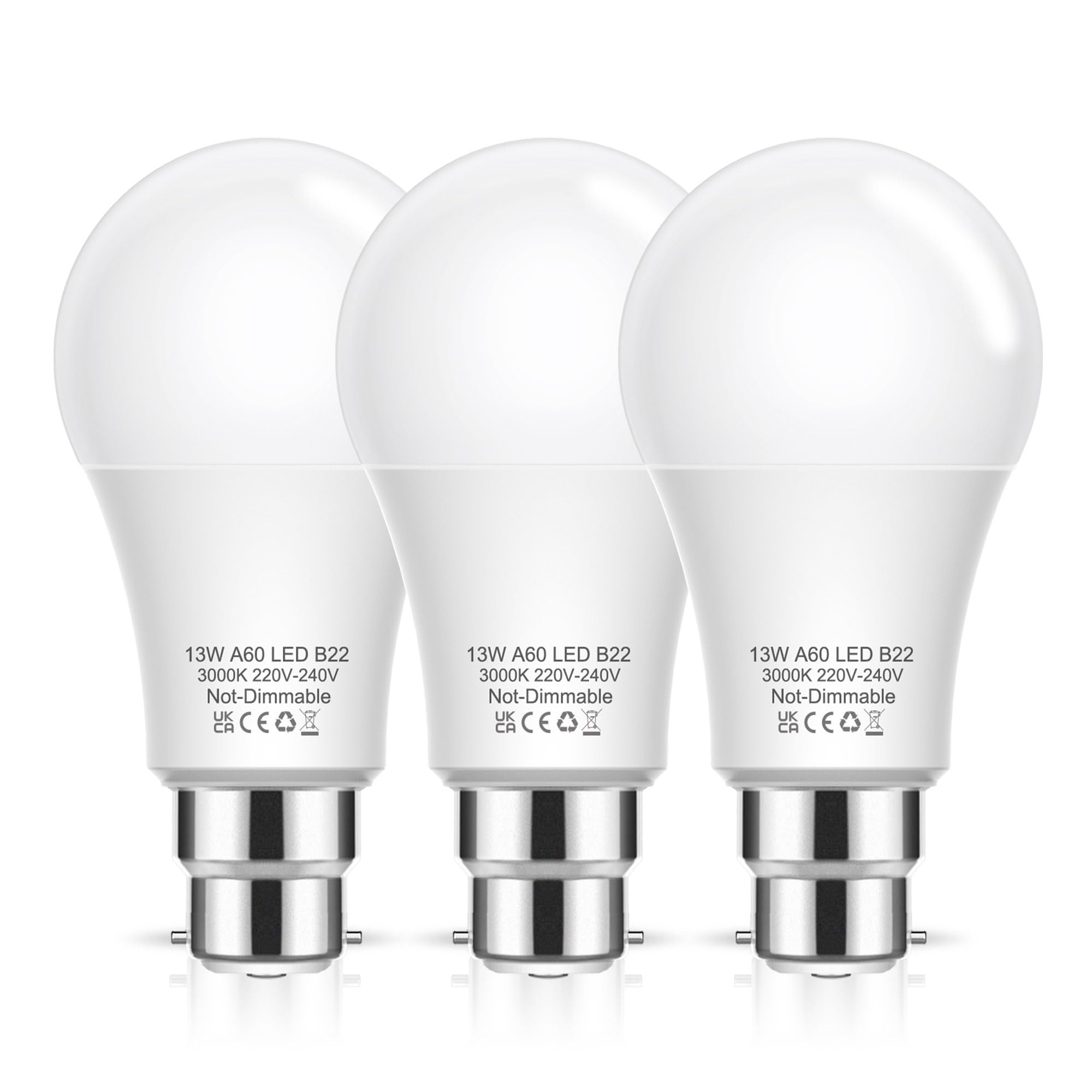 B22 Bayonet Light Bulbs 100W Equivalent, 13W LED Bulbs Bayonet Warm White 3000K, 1200lm BC A60 B22 Light Bulb Bayonet, Non-Dimmable for Indoor Home Lighting, 3 Pack