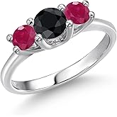 Gem Stone King 14K White Gold Black Sapphire & Red Ruby 3-Stone Engagement Ring | 1.39 Cttw | Round 5MM and 4MM | 3 Stone Wedding Anniversary Promise Ring For Women