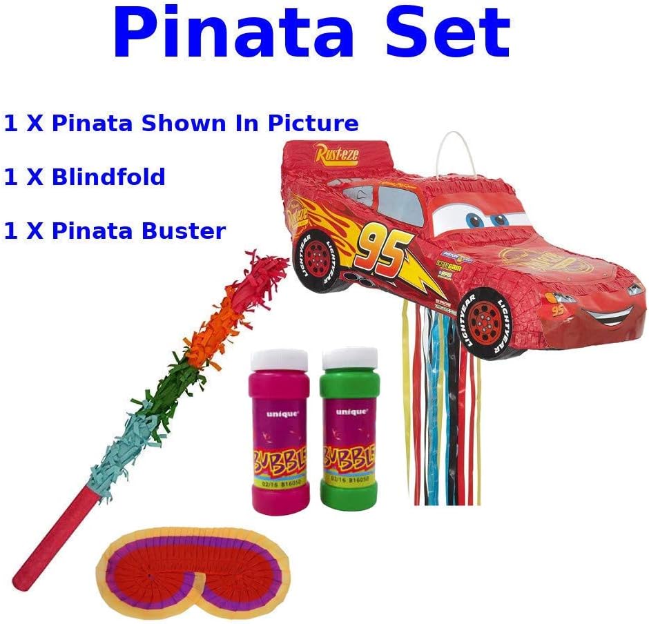 UniqueParties Cars Car Shaped Pinata Set - Pinata, Buster and Blindfold and Bubbles
