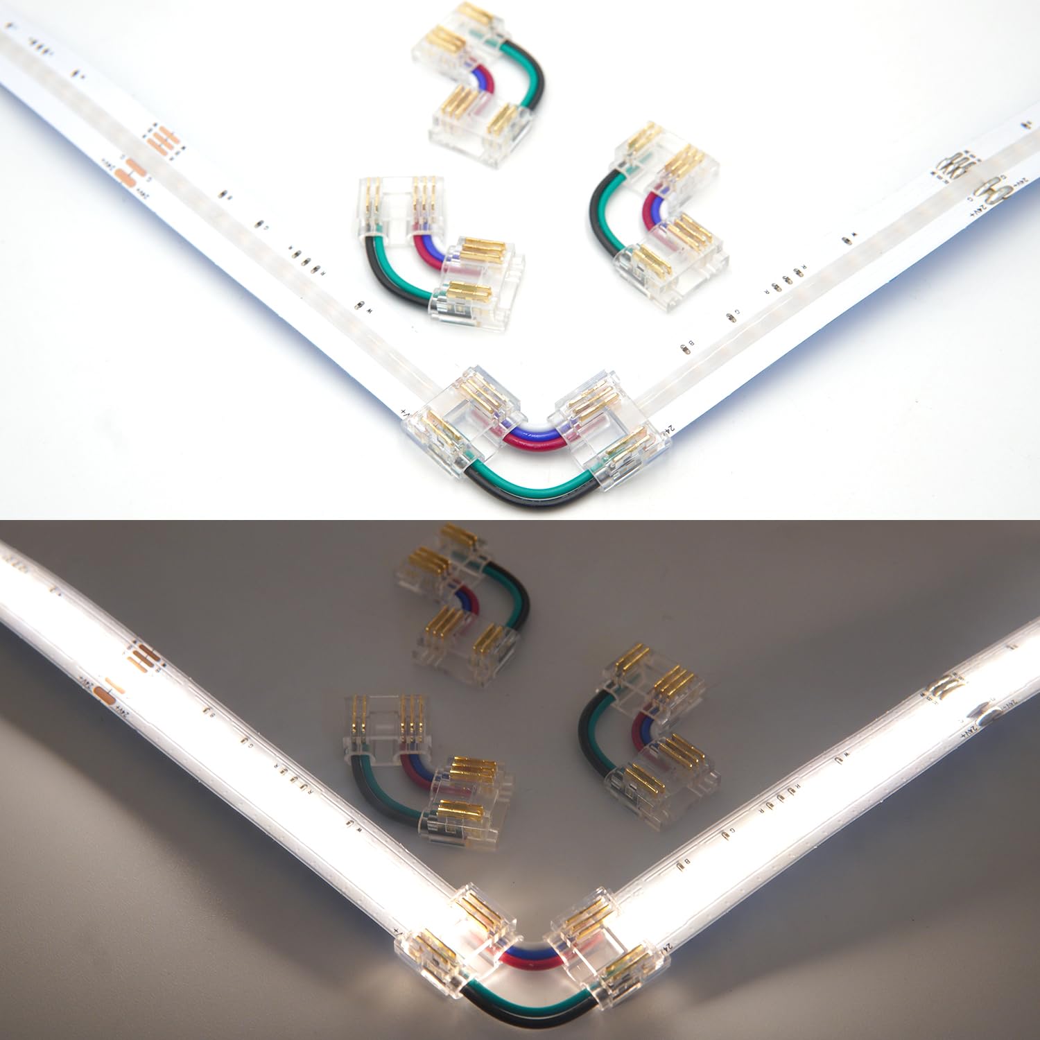 Boarda RGBW COB LED Strip Connector,10Pcs 5-Pin L-Shape 90°Connector,12mm LTransparent Gapless Connectors, for 12mm Width RGBW COB Light Strip (5P-12mm-RGBW, L-90°-Connector-Strip To Strip)