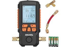 KAISAL Digital Vacuum Gauge Tester HVAC 0~2000mbar & ±0.2% Accuracy Vacuum Meter Temp. Compensation HVAC Vacuum Gauges, 4 Units(Torr, mbar, inHg, Hpa), 7/16"-20 UNF(1/4" SAE), Pressure Leak Test,Buzzer Alarm