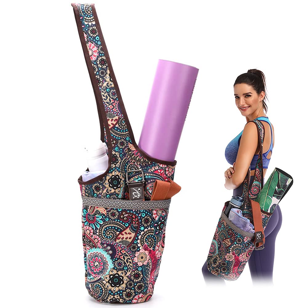 Tyuodna Yoga Mat Bag, Large Size Canvas Yoga Mat Bag, National Wind Yoga Mat Bag with Large Pocket & Zipper Pocket, Fit Most Size Mats (Green Cashew Flower)