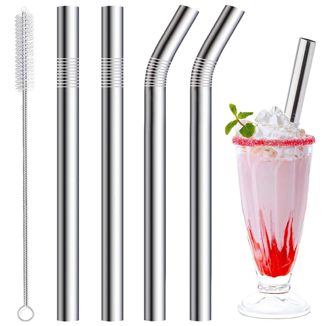 Vinaco Milkshake Straws - 10mm Wide, 4 Pack Stainless Steel Straws - 266mm & 216mm Long with 1 Straw Cleaner, Reusable Metal Straw for Milkshake, Smoothie and Jumbo Thick Drinks